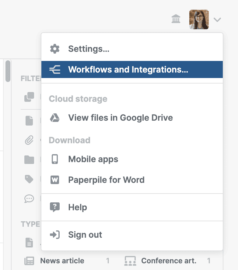 The profile menu open in the top right with “Workflows and Integrations…” highlighted below Settings…, above Cloud storage, Download, Help and Sign out.